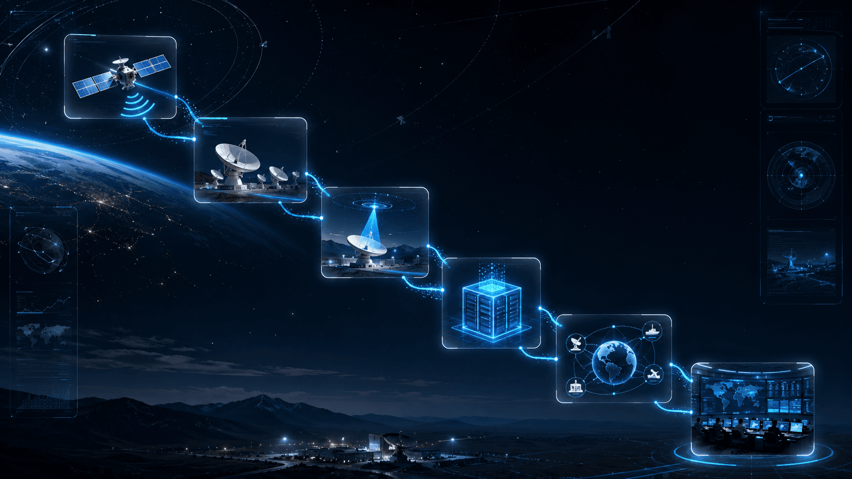 Satellite ground-segment data flow — from spacecraft to dish, processing and delivery